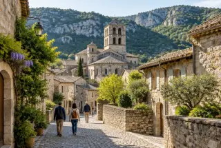 Ruelle pavée de Saint-Guilhem-le-Désert menant à l’abbaye de Gellone, entourée de maisons en pierre et de falaises boisées.